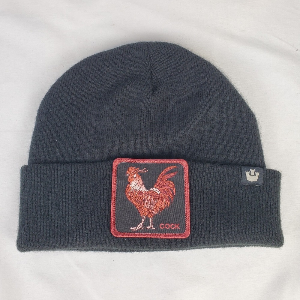 Goorin Bros Hat Folded Beanie Knit One Size Black Rooster Patch Mens Winter